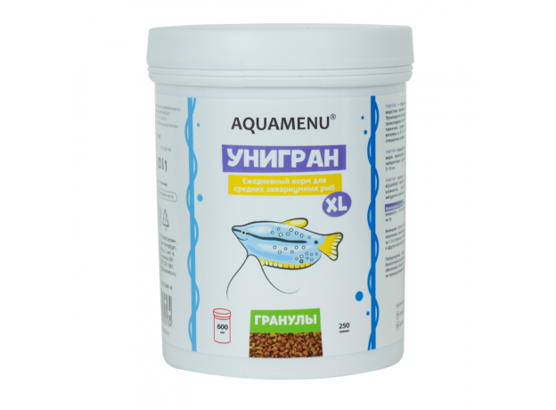 Корм AQUAMENU Унигран XL, 600 мл (250 гр), гранулы для средних аквариумных рыб