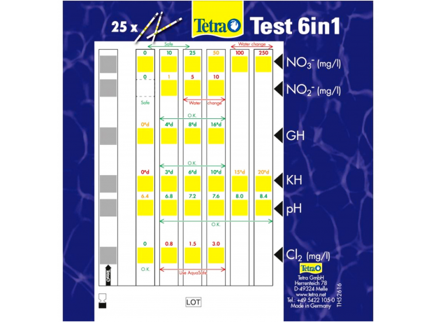 Тест Tetra Test 6in1, 10 экспресс-полосок определяющие показатели pH, KH, GH, NO2, NO3, Cl