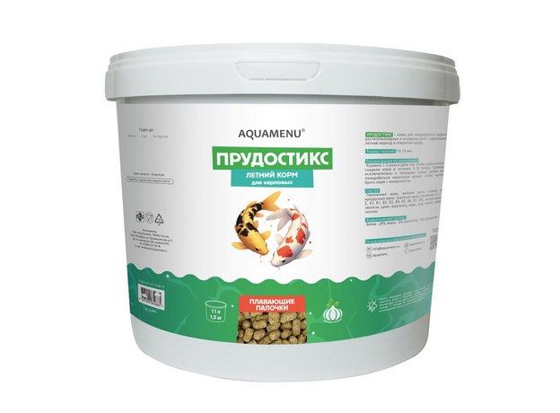 Корм для пруда ПРУДОСТИКС AQUAMENU 11л/1,5кг (ведро) летний с чесноком