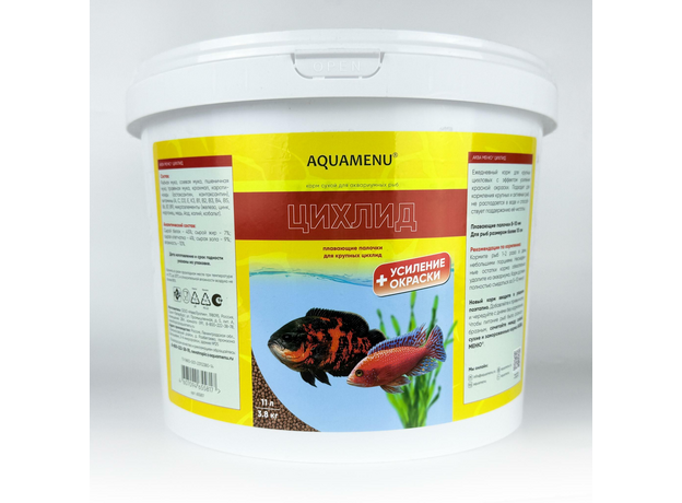 Корм AQUAMENU ЦИХЛИД 11л/3.8кг, ведро, плавающие палочки для усиления окраски цихлид