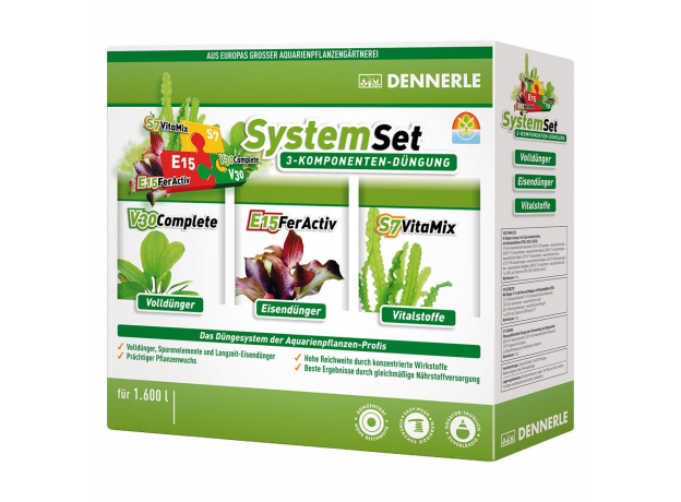 Dennerle Perfect Plant System Set - Комплект препаратов для ухода за аквариумными растениями (E15 20 табл., S7 50 мл, V30 50 мл), на 1600 л