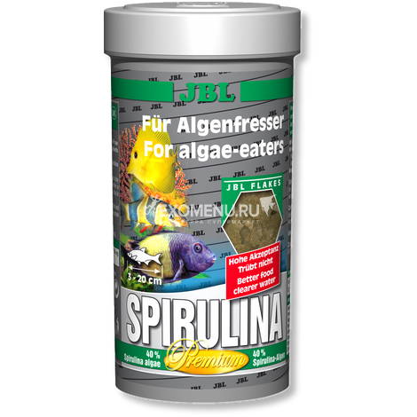 JBL Spirulina - Основной корм премиум-класса в форме хлопьев для растительноядных аквариумных рыб, 250 мл (40 г)