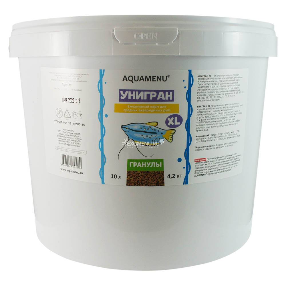 Корм АКВА МЕНЮ Унигран XL, ведро 10 л (4,2 кг), гранулы для мелких и средних рыб