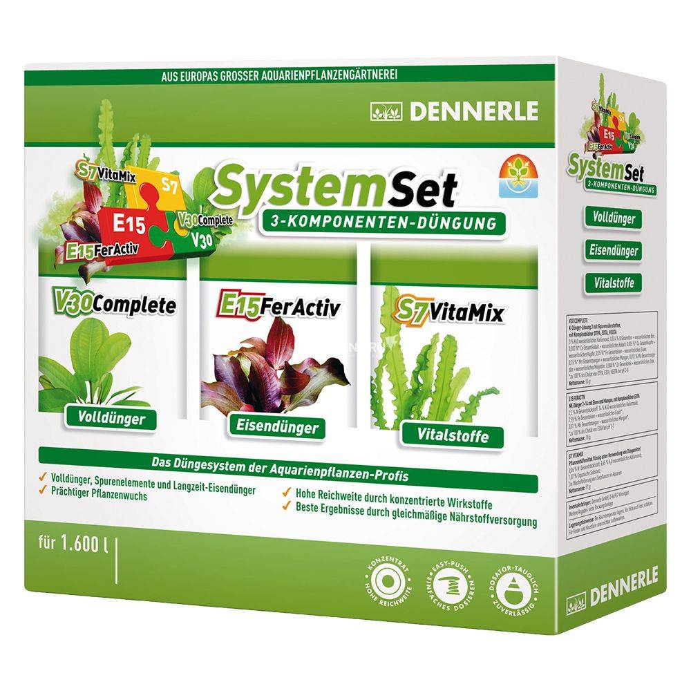 Dennerle Perfect Plant System Set - Комплект препаратов для системного и профессионального ухода за аквариумными растениями (E15 20 табл., S7 50 мл, V30 50 мл), на 1600 л